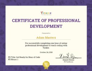 Tynker HoC PD Certificate for Adam Masters (Oct 2018)