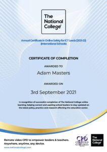 Adam Masters - Annual Certificate-in-online-safety-for-ict-leads-2021-22-international-schools-completion-certificate