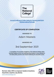 Adam Masters - Annual-certificate-in-online-safety-for-teaching-staff-2021-22-international-schools-completion-certificate