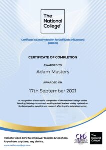 Adam Masters - Certificate-in-data-protection-for-staff-data-influencers-2021-22-completion-certificate